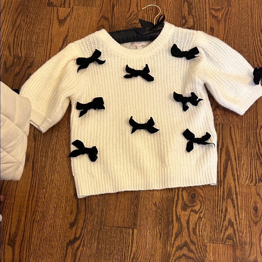 GB Girls White Knit Sweater with Black Bows